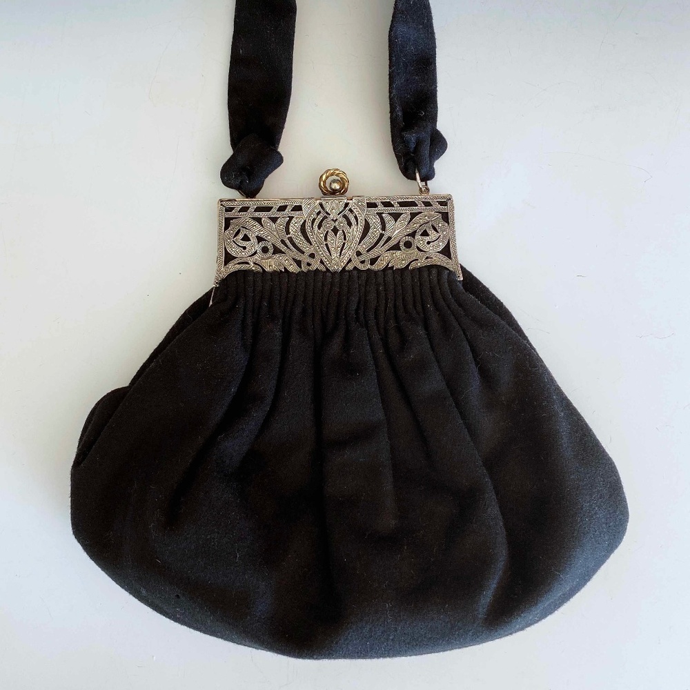 1940's Guild Creations Purse Marcasite Frame Black Wool